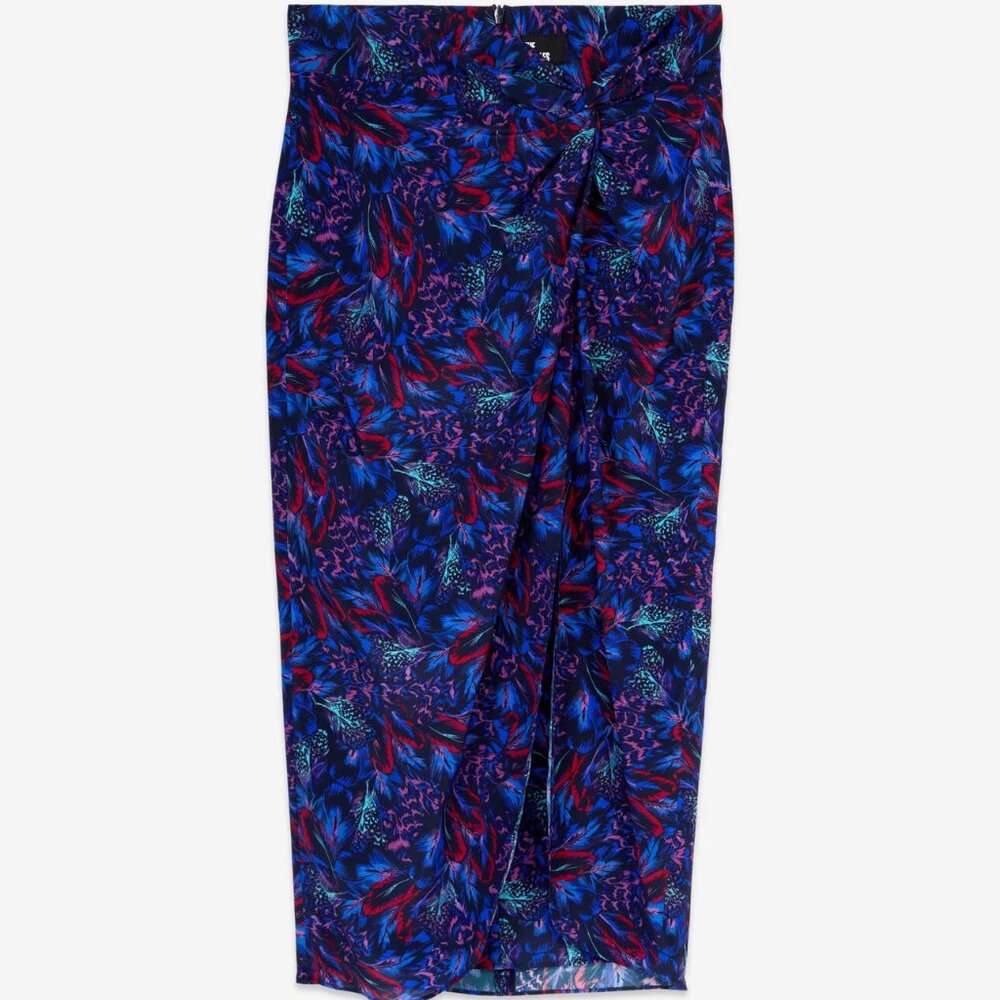 The Kooples Silk Blue Feather Print Midi Skirt with Twist Womens EU 3 US 8